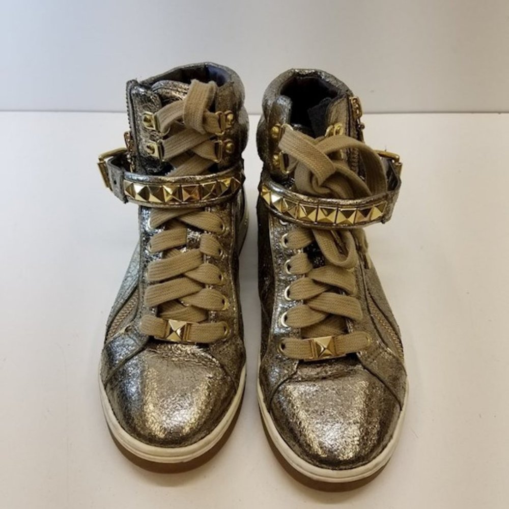 Metallic Silver High-Top Women's Sneakers with Studded Strap